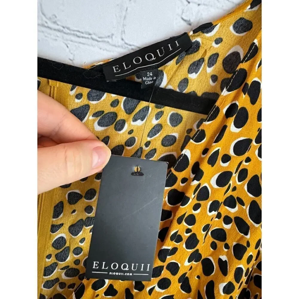 ELOQUII yellow mustard black polka dot faux wrap viscose dress size 24 NWT